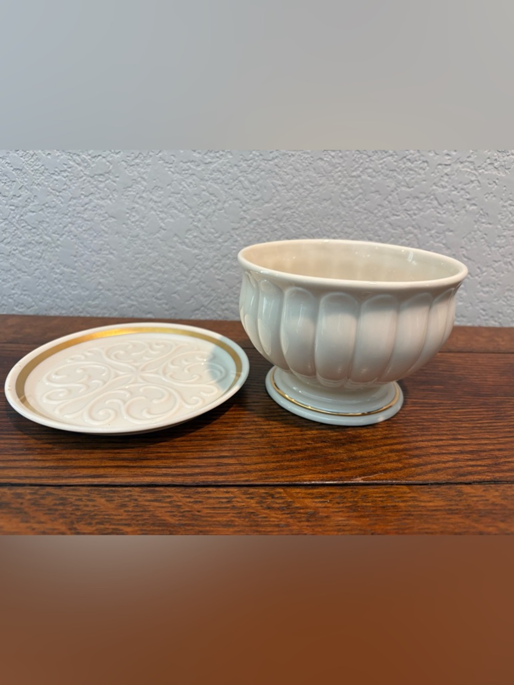 Vintage Lenox bone china dish & bowl ivory color, gold trimming embossed